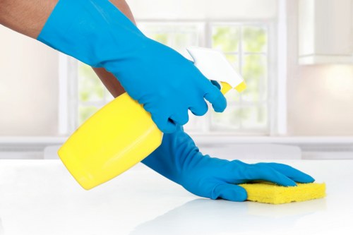 Cleaner using PPE during professional carpet cleaning