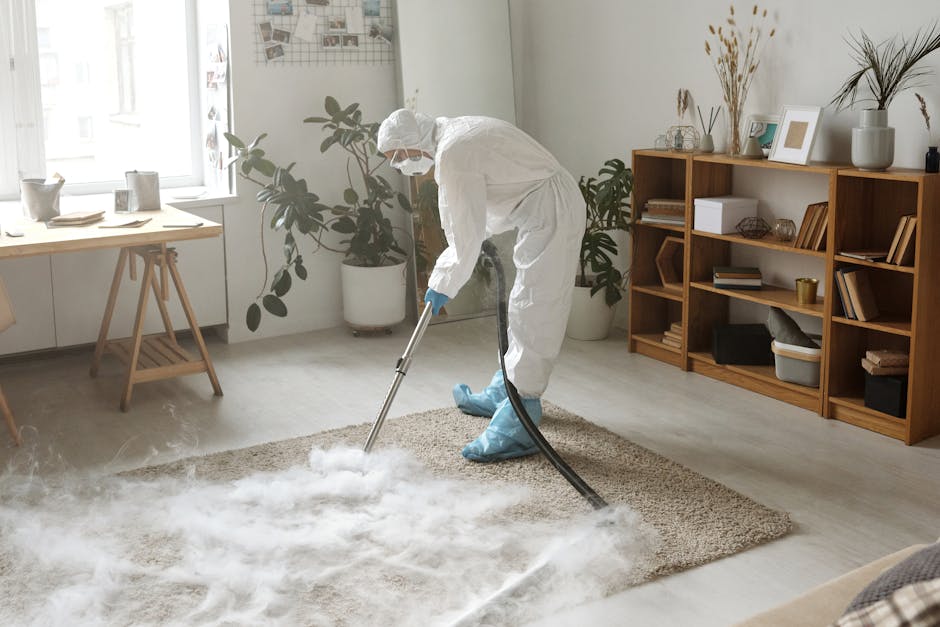 A professional in full protective clothing, including a white coverall, face mask, and blue gloves, is performing surface cleaning on a beige carpet in a living room. They are using a vacuum cleaner w